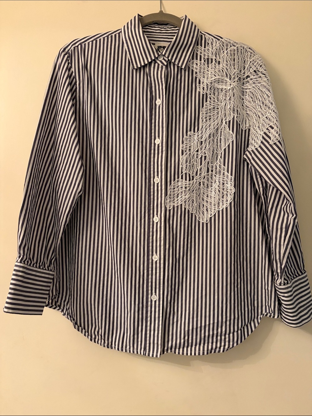 Anne Klein charcoal and white Striped Button-Down Shirt with White Lace Applique